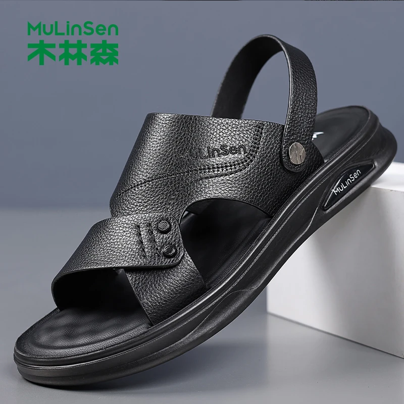 木林森夏天凉鞋男头层牛皮夏季休闲男士外穿防滑两穿一字拖沙滩鞋