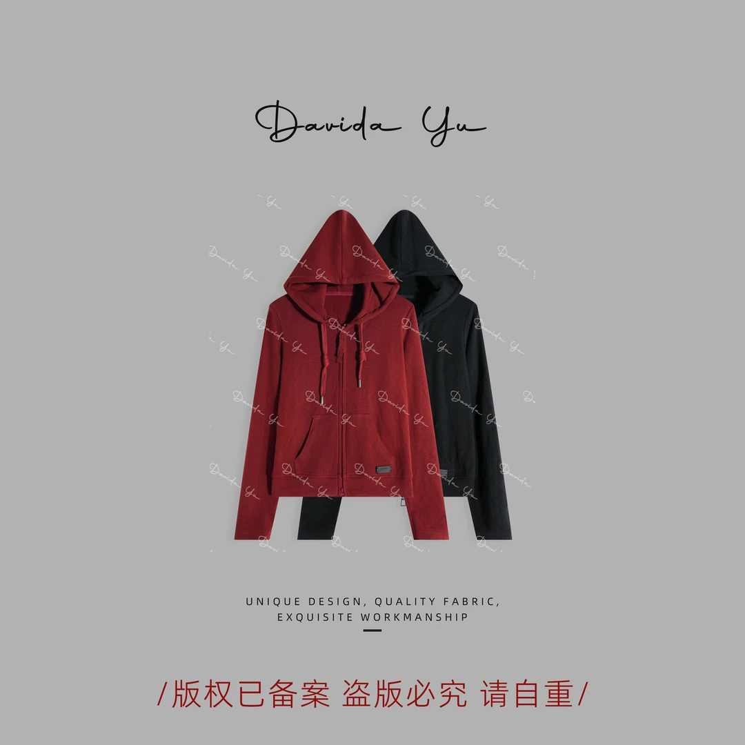 Davida Yu【小红帽】连帽拉链上衣时尚百搭纯色口袋外套 CYC0639