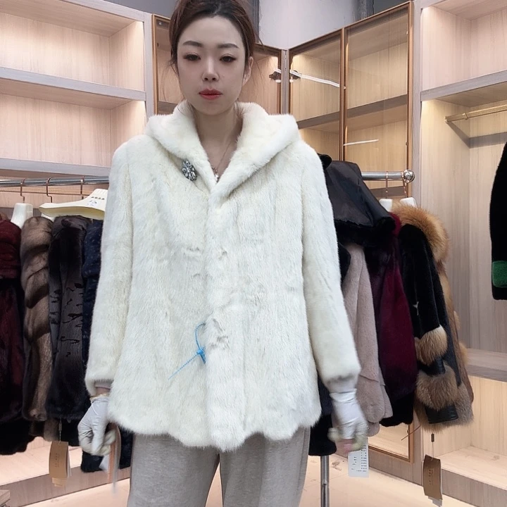 珍珠白连帽貂皮yh0612