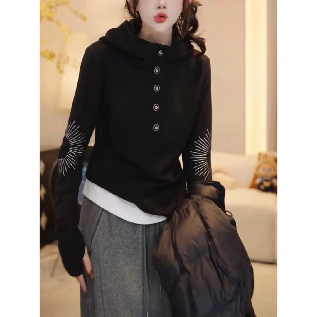 静奢时光双面绒扣子连帽卫衣女设计感重工秋冬保暖时尚百搭帽衫