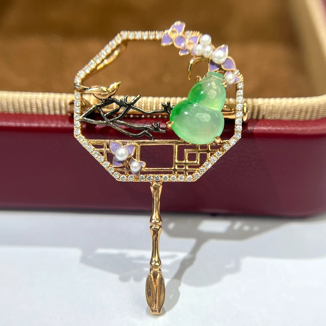 天然钻石18k金A货翡翠国风设计胸针项链两用轻奢新中式