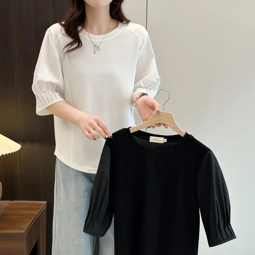 大码女装宽松显瘦短袖T恤简约五分袖休闲遮肚子上衣夏季