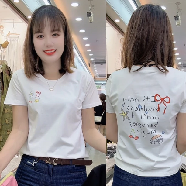 0608（美姿）新款前后特色时尚百搭新款短袖洋气棉料夏季休闲女装