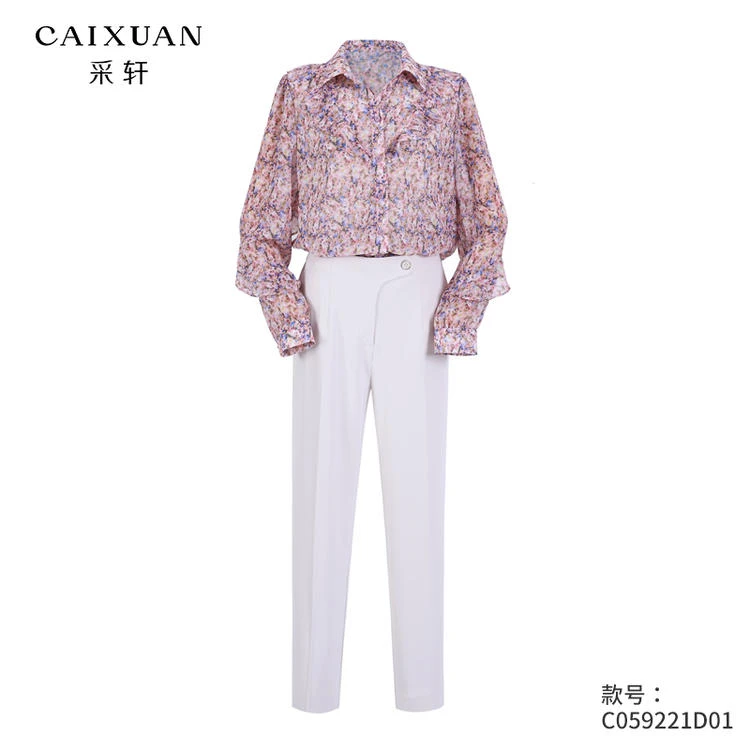 C059221D01CAIXUAN采轩【春款】甜美气质碎花长袖花边雪纺上衣