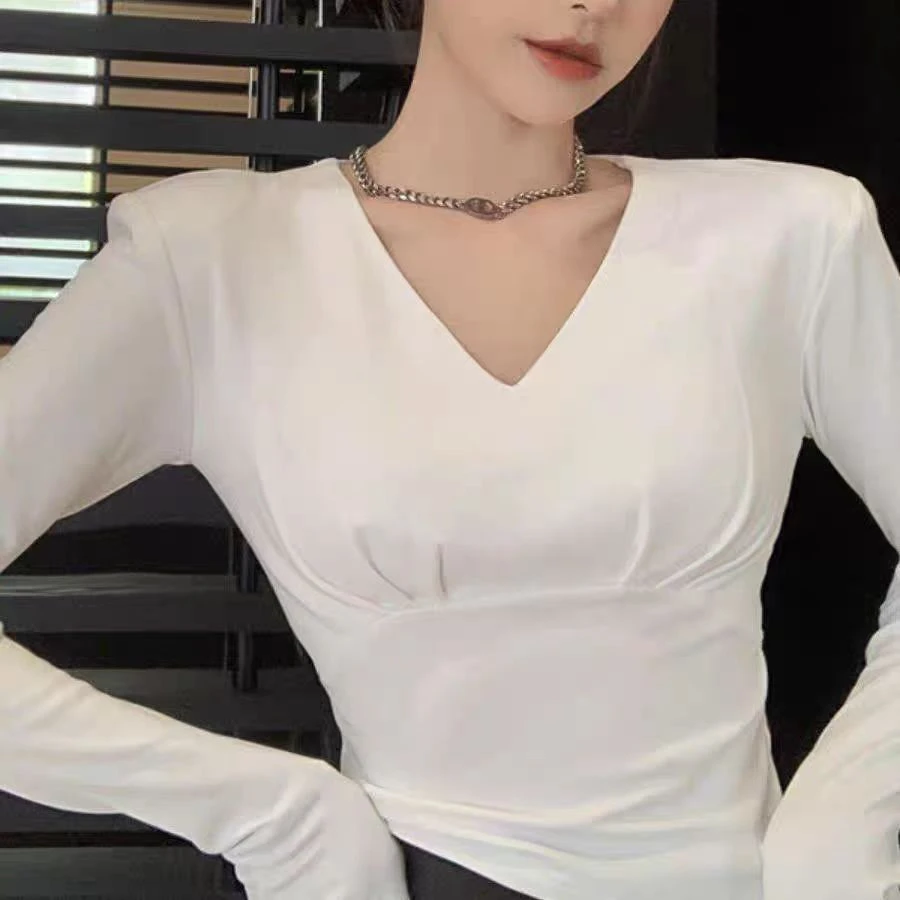 18185法式辣妹性感V领设计感小众修身显瘦气质长袖t恤