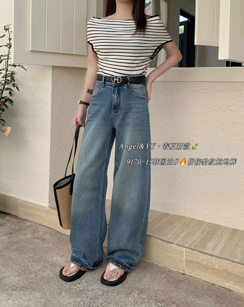 【菲菲家】YY春季新款拼接豹纹拖地阔腿牛仔裤9170