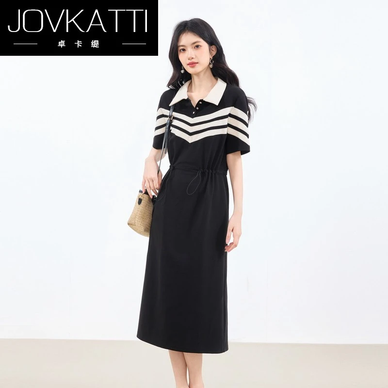 Jovkatti通勤裙子2025年夏季新款时尚气质百搭撞色织带拼接连衣裙