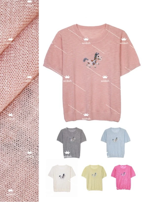 刺绣短袖常规袖小马韩系毛针织衫短款上衣时尚夏季紫色休闲