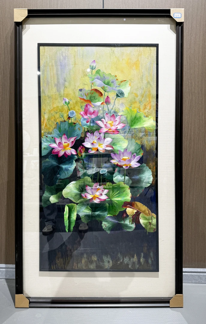 【荷花】纯手工刺绣苏绣精品高档玄关走廊新中式画芯60*125cm