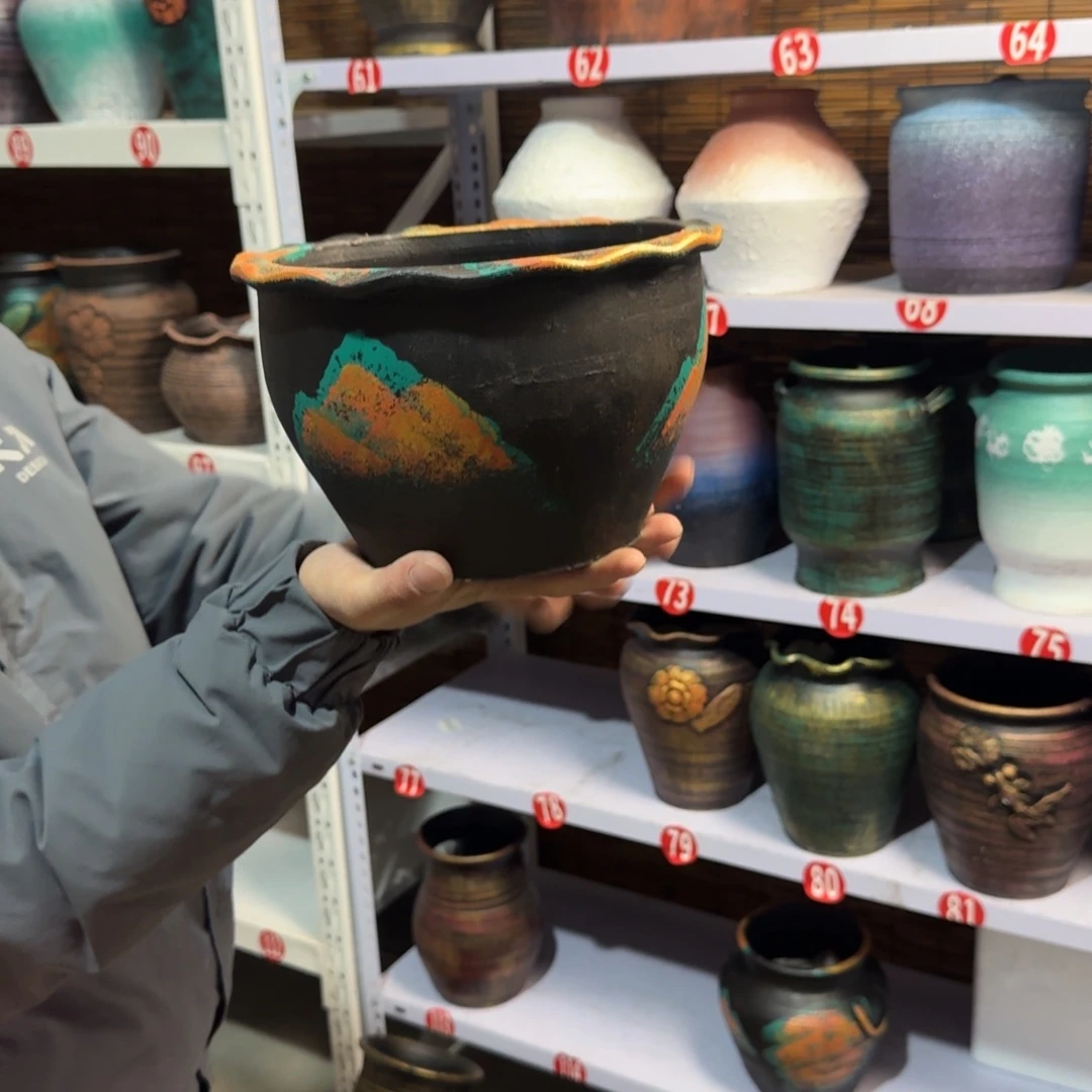 红陶红陶浮雕花盆炸炸炸