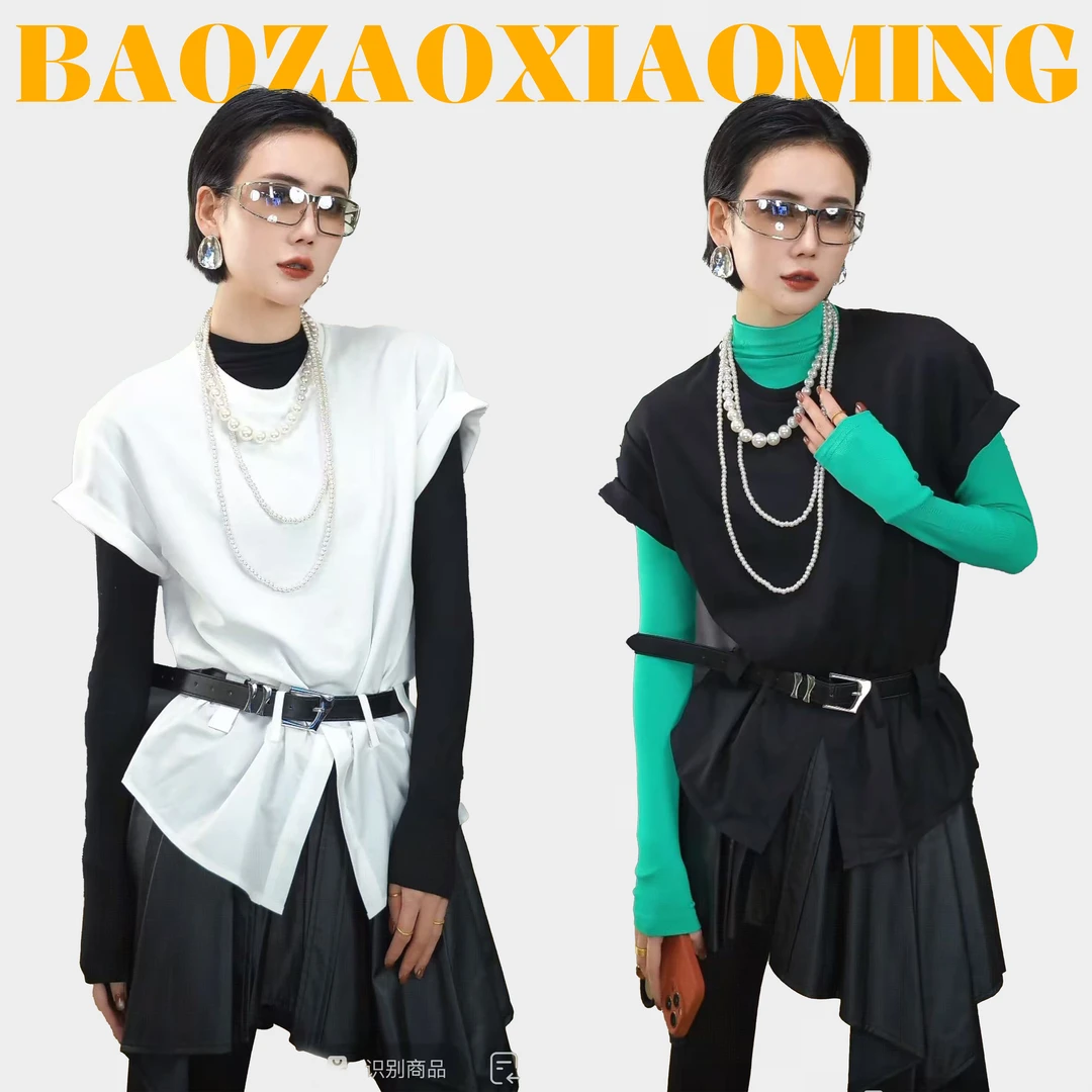 暴躁小明   时尚百搭拼接纯色圆领上衣女夏季洋气假两件T恤/D265