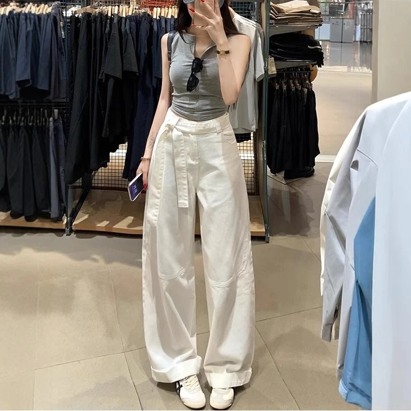 纯白调性飘带休闲阔腿牛仔裤女2025夏季高腰显瘦百搭宽松垂感长裤