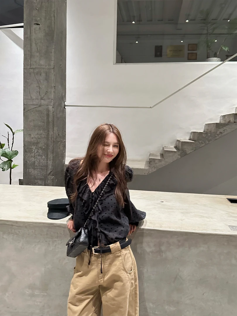 2025新款法式波点泡泡袖V领系带衬衫高腰宽松休闲裤百搭显瘦上衣