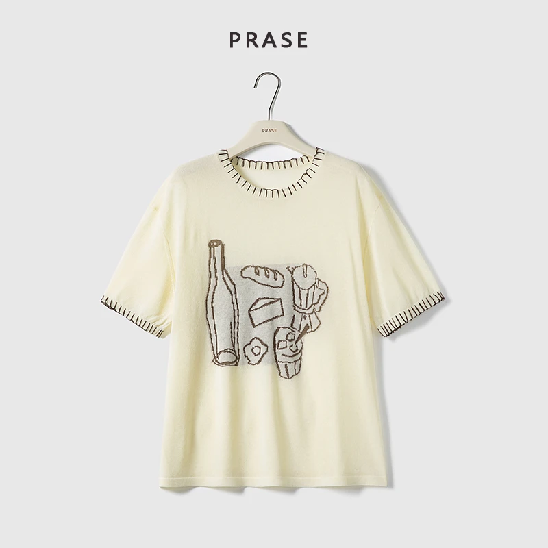 PRASE·噜【趣味艺术】微胖轻奢设计款夏天丝亚麻提花针织衫PR506S76