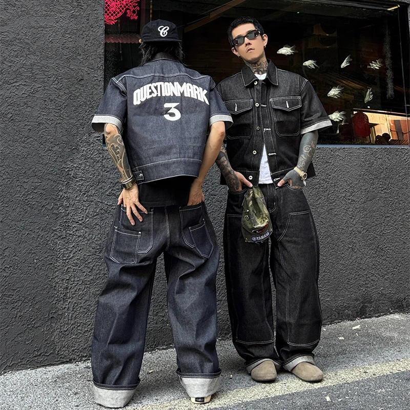 白鹤大人复古卷边设计感短袖外套男女阔腿弯刀裤宽松小众牛仔套装