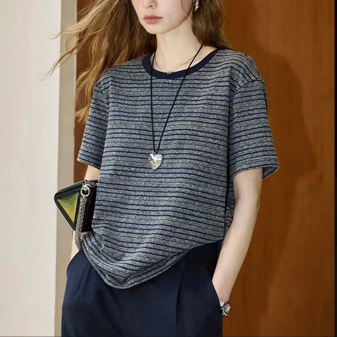 【运补8-10】2025夏季条纹短袖T恤圆领显瘦洋气休闲打底上衣