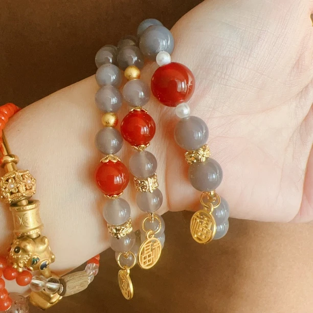 天然玛瑙烟灰玛瑙冰灰玛瑙 红玛瑙设计款手串可定制多样性发一