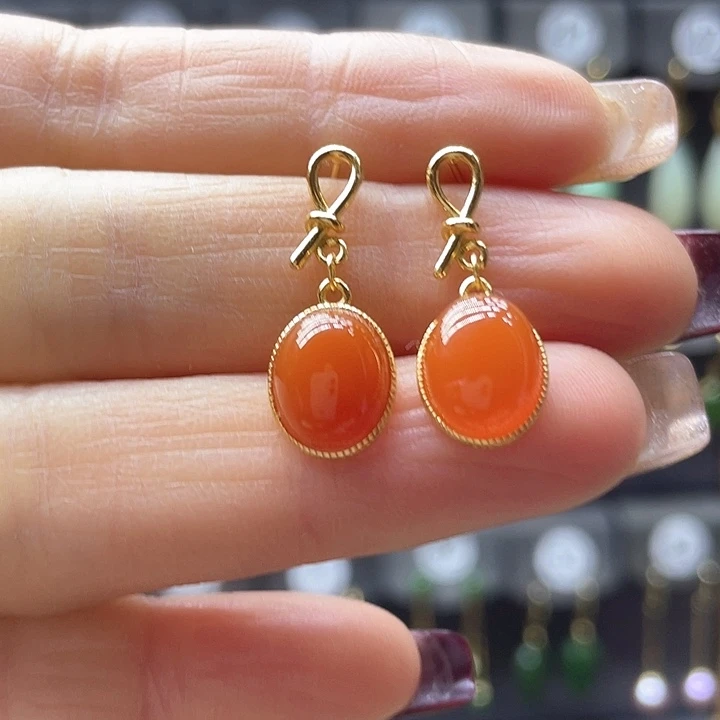 南红玛瑙耳饰银S925镀金镶嵌