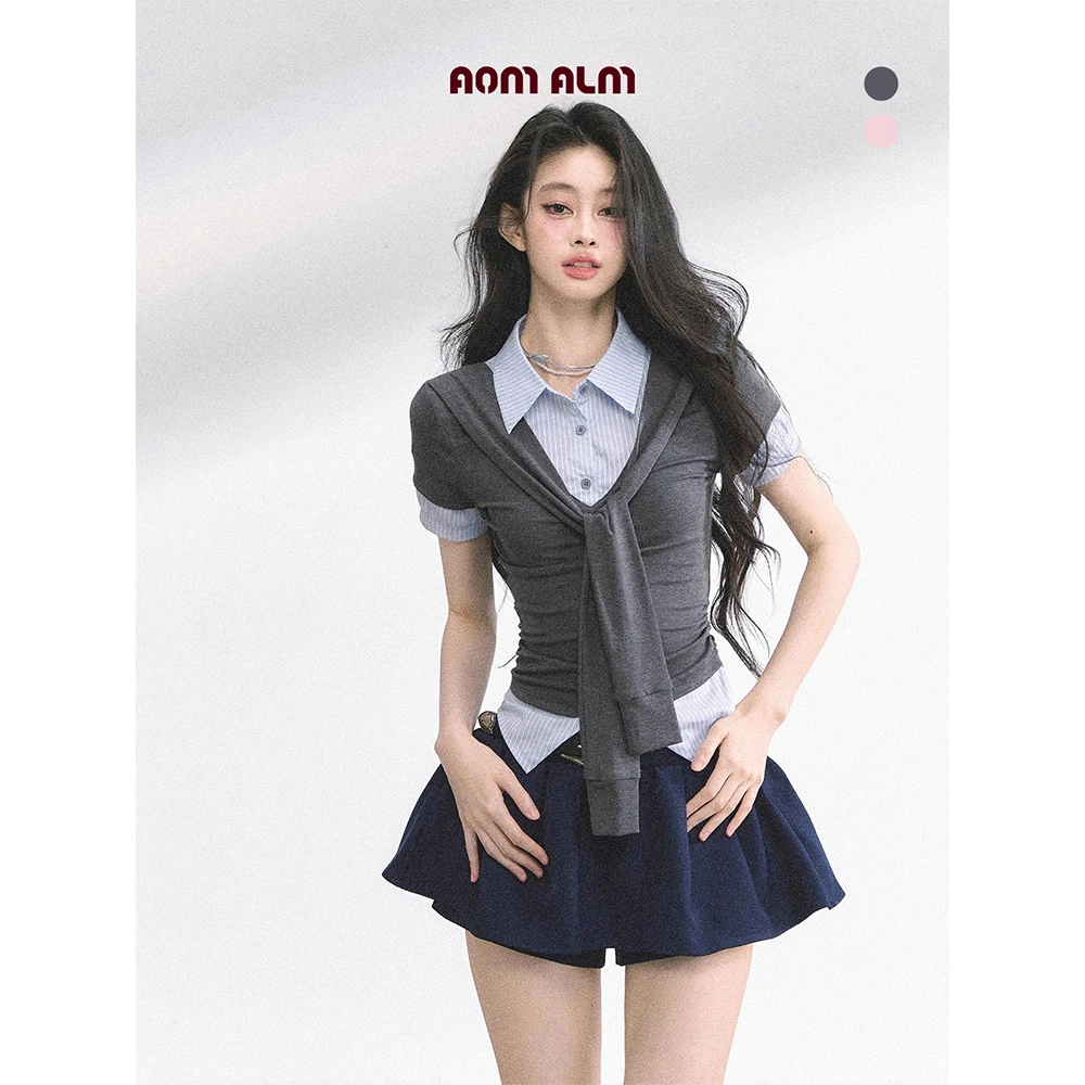 AOMALM少也眼"韩女练习生"假两件美式正肩短袖辣妹T恤女夏季上衣