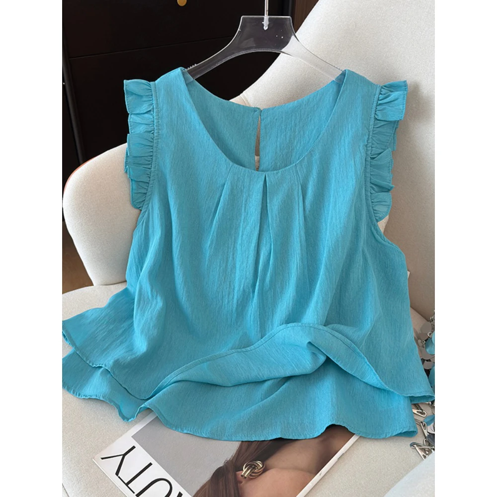 多巴胺明媚艺术生穿搭韩系蓝色无袖衬衫女夏季法式小飞袖小衫上衣