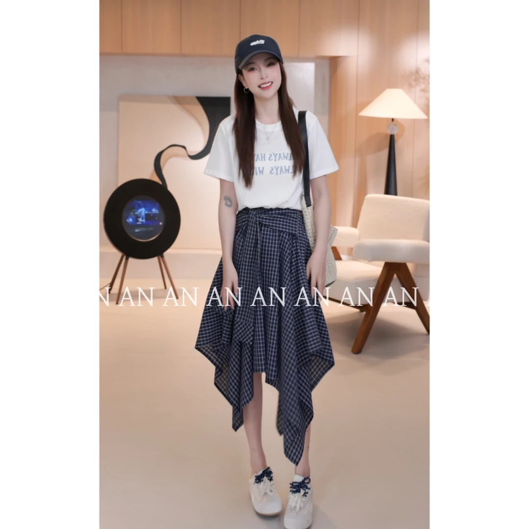 C04279休闲宽松遮肉百搭慵懒风潮流格子字母圆领短袖T恤