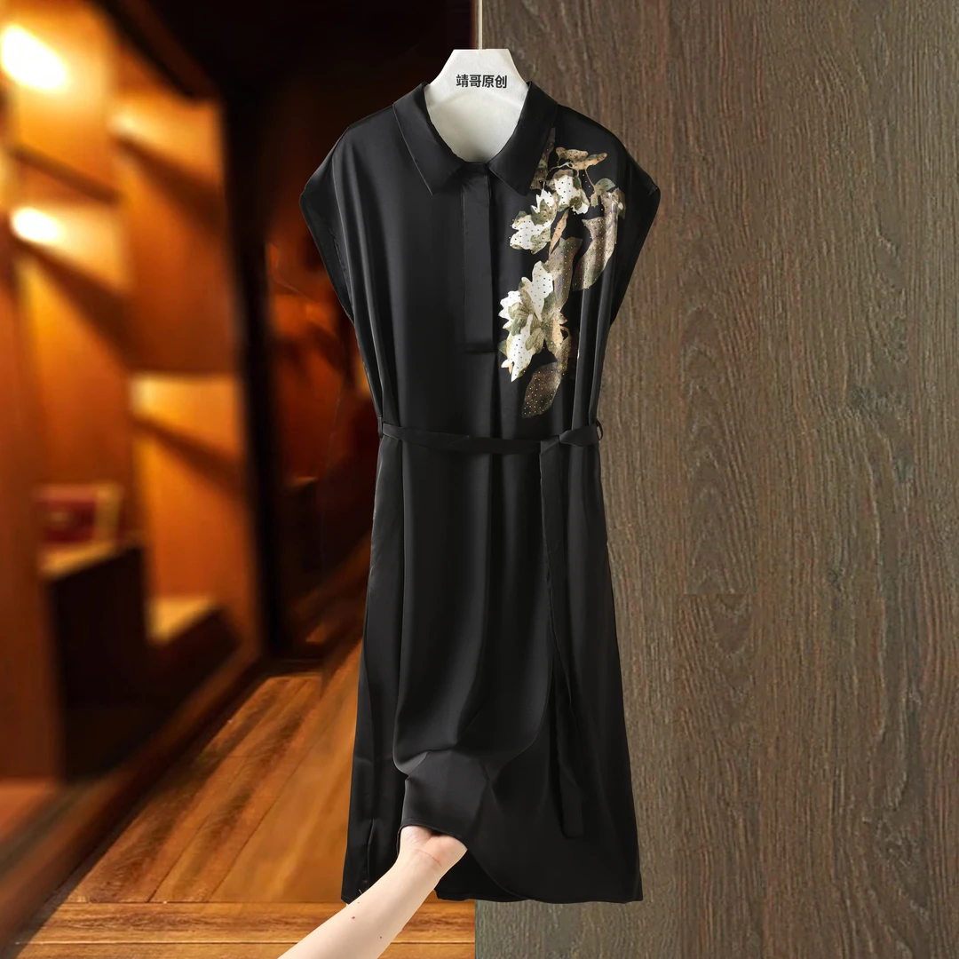 时尚新中式国风气质翻领刺绣连衣裙 4141