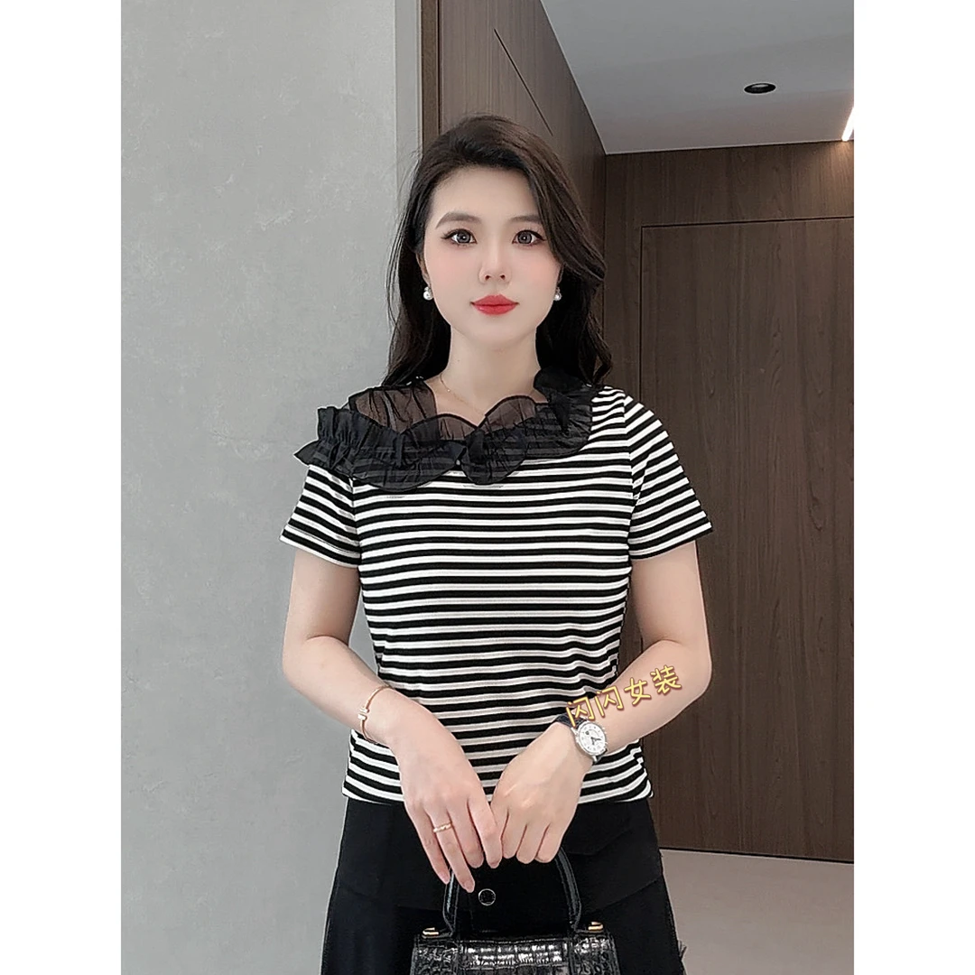 夏季法式短袖气质拼接荷叶边T恤上衣S6652