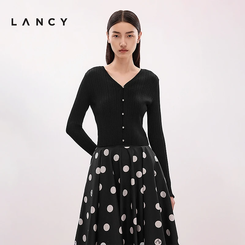 LANCY/朗姿2025夏新款简约高级开衫气质修身短款V领黑色针织衫女