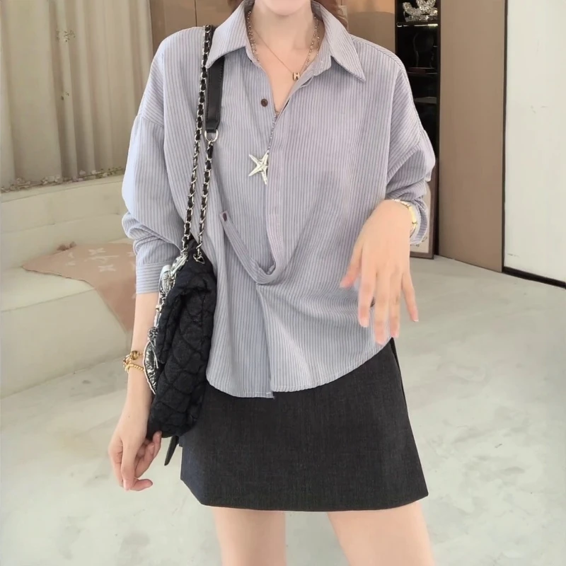 2025早秋新款韩系简约条纹长袖衬衫小个子慵懒风宽松休闲显瘦上衣