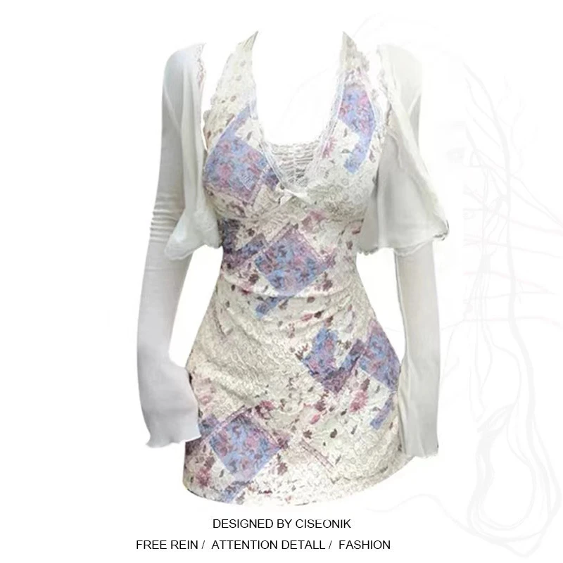 纯欲性感蕾丝边挂脖连衣裙女夏季大码胖MM收腰显瘦超好看包臀短裙