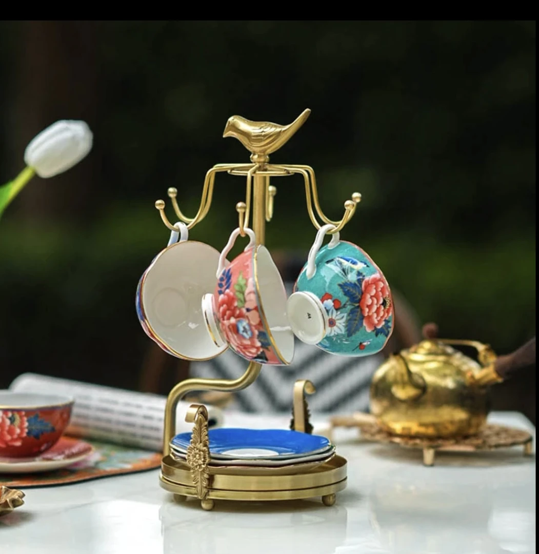 黄铜6勾单层咖啡杯碟收纳家用欧式轻奢陶瓷杯架创意置物架高档