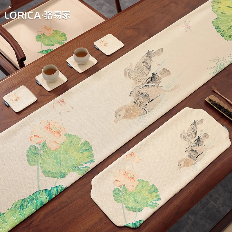 骆易家【双栖图绿色】中式雅韵茶空间国风禅意防水桌旗茶席椅垫抱枕