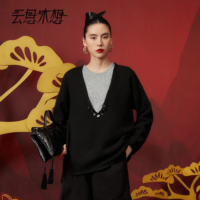 Ysimo-X云思木想 落珠梦璃 手工钉珠片撞色两件套毛针织衫12741