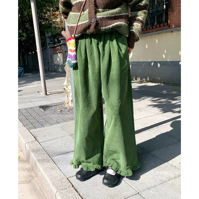 艺野系糖果色木耳边加绒灯芯绒阔腿裤女冬复古森系宽松显瘦休闲裤