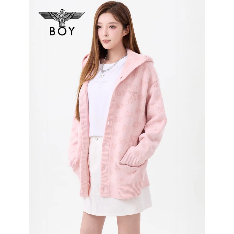 BOY LONDON2025新款冬季情侣潮牌粉色连帽开衫针织毛衣外套N64022
