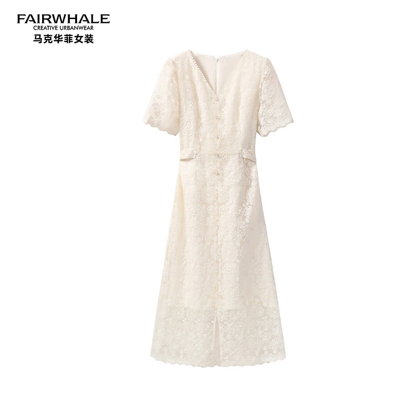 马克华菲女装舒适浮雕连衣裙立体绣花重工刺绣简约显瘦气质温柔风