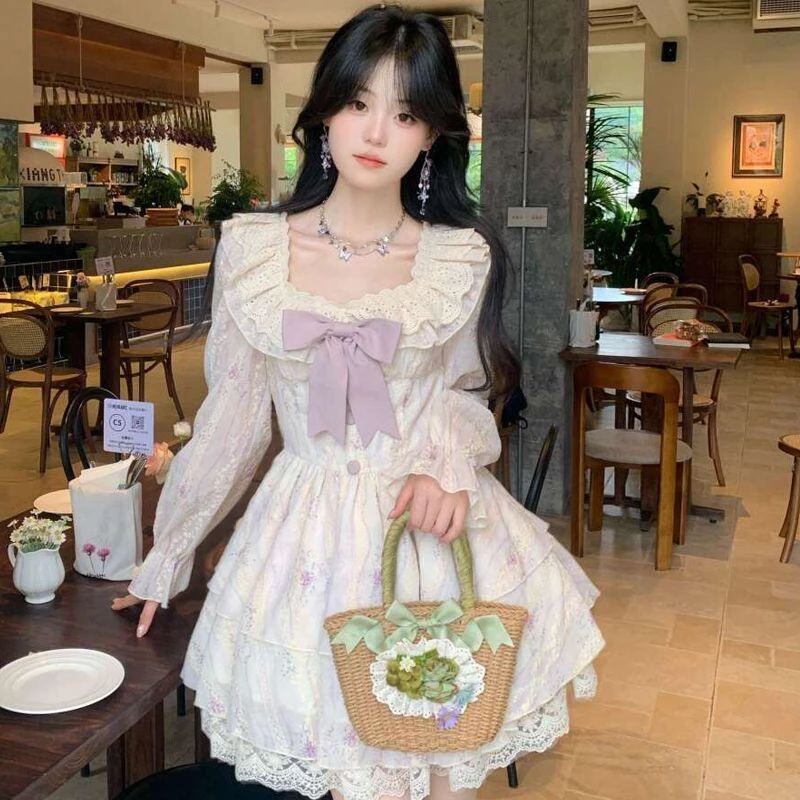 8278#2025早秋胖MM甜美风法式梦幻蝴蝶结长袖彩棉梭织紫藤色公主