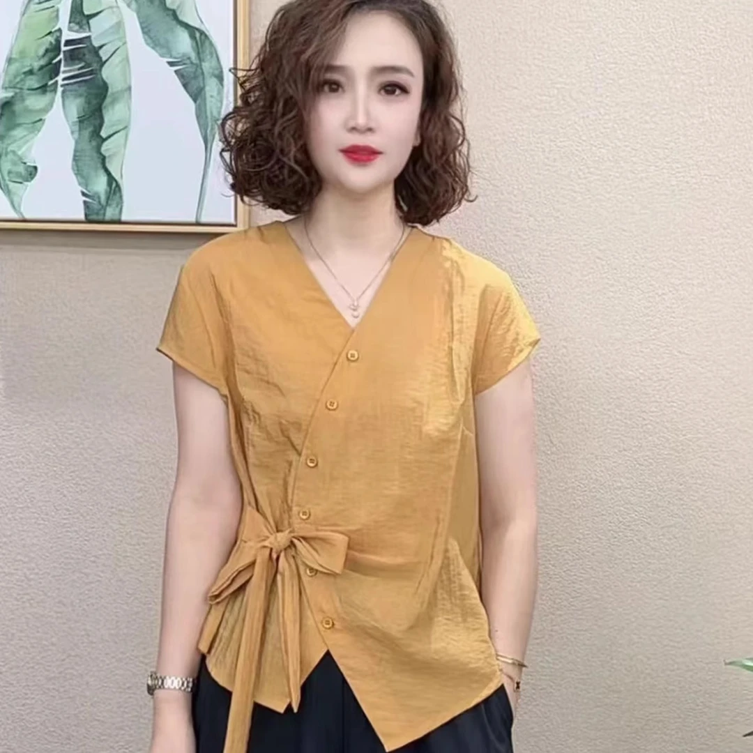 时尚衬衫女2025夏季新款洋气显瘦减龄高级感系带短袖上衣百搭小衫