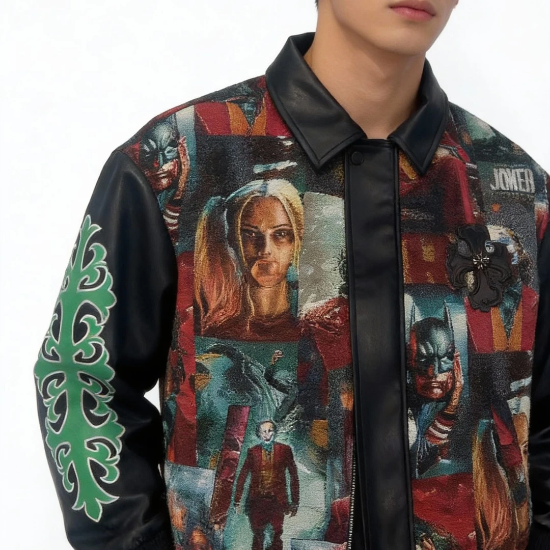 说唱小丑经典宽松型印花拉链刺绣秋季休闲编织料夹克小丑女外套