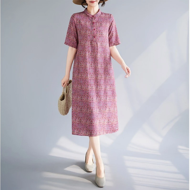 高端胖mm大码女装2025夏季复古宽松显瘦中长裙新中式棉麻连衣裙女