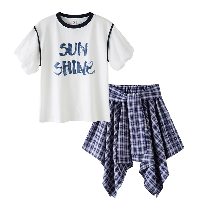 女童格纹短裙套装套头格子洋气女夏季短裙大童假两件中学生夏装