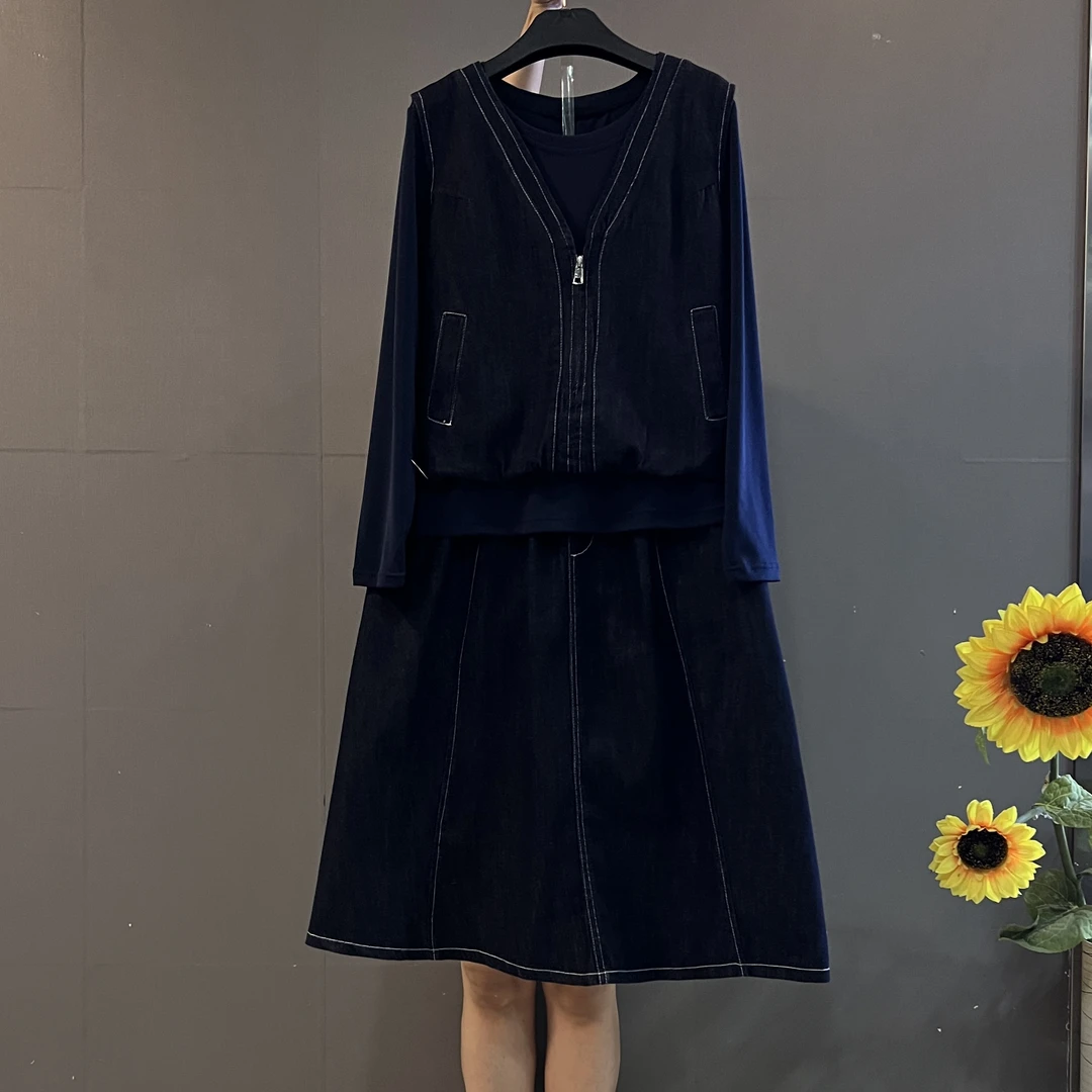 新款时尚百搭撞色拼接连体两件上衣搭配半身裙休闲套装