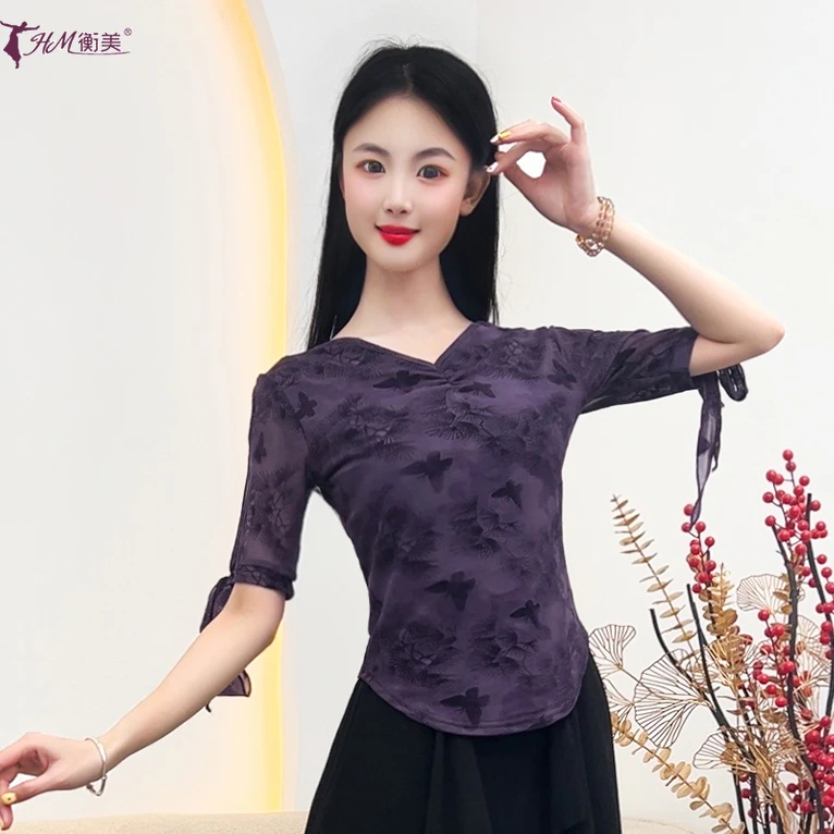 夏季新款古典舞形体舞服舒适透气网纱蝴蝶中袖上衣女现代舞练功服