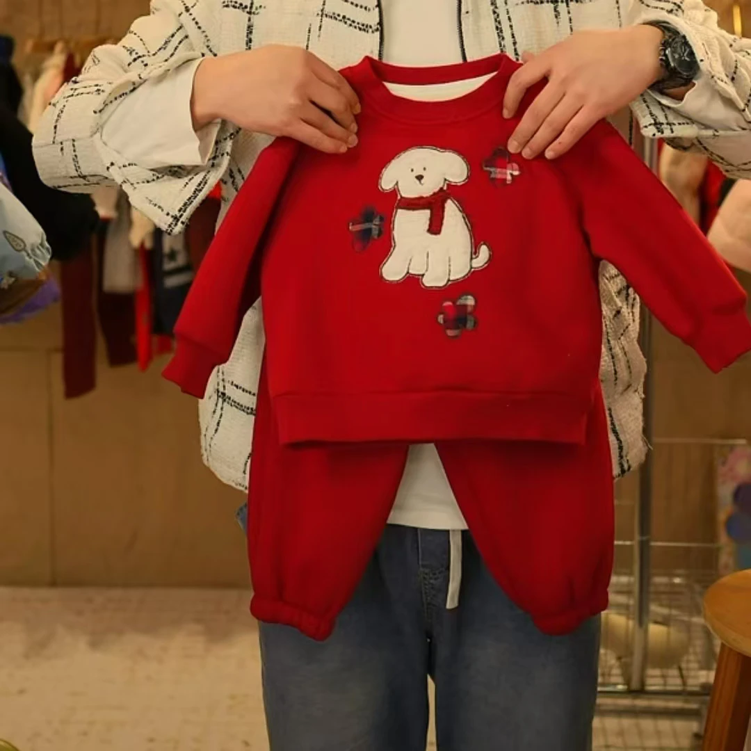 冬季儿童小狗年款加绒加厚红卫衣套装GG003
