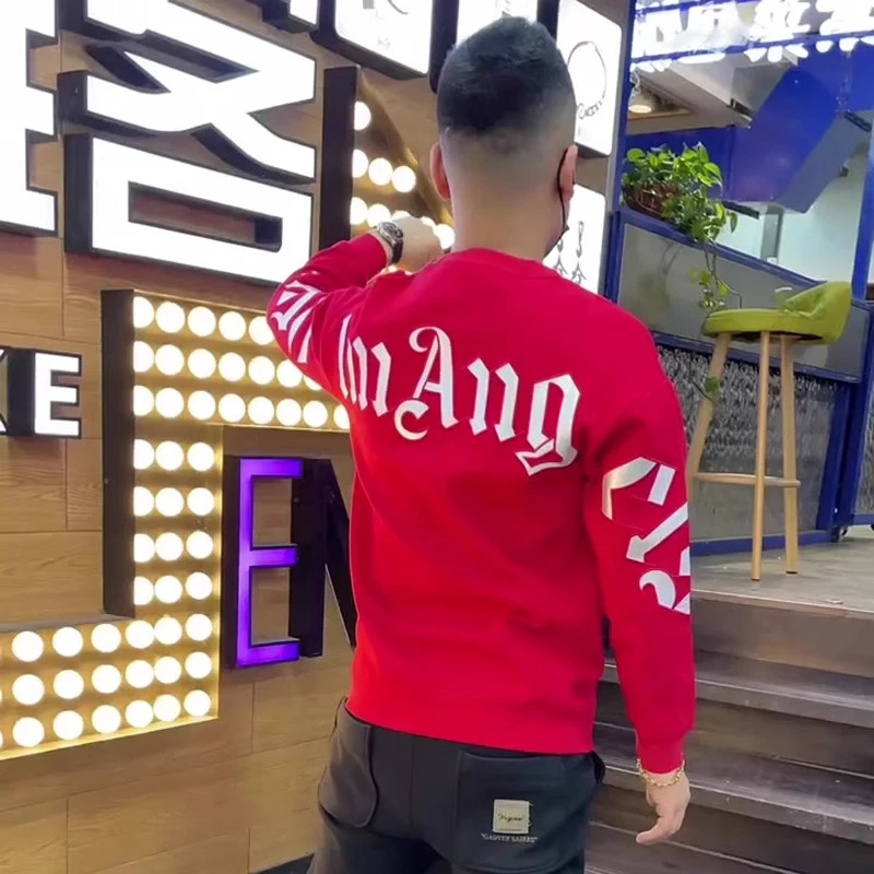潮牌炸街高级感卫衣男2025新款加绒红色印花长袖秋冬潮男修身上衣