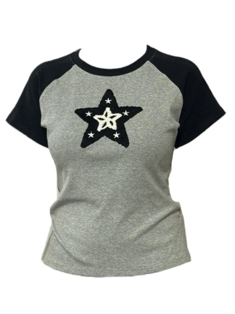 【Amy家】微胖mm美式辣妹五角星插肩短袖T恤女设计感拼色巨显瘦上衣