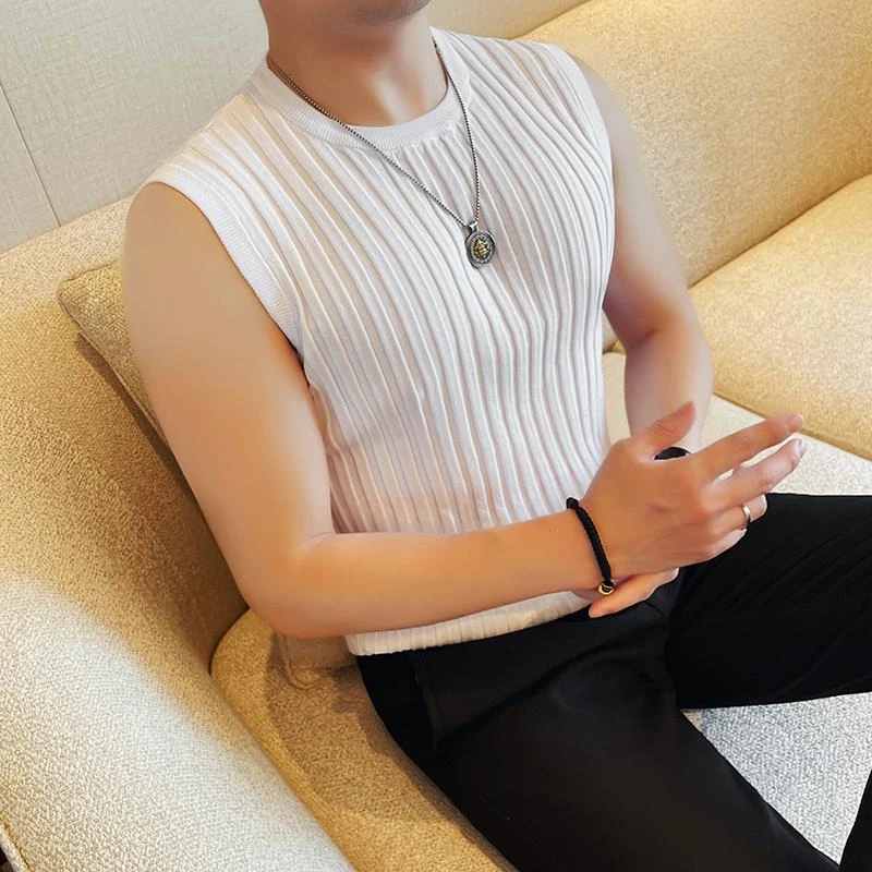 条纹针织无袖T恤男士夏季薄款2025新款爆款运动健身坎肩背心男款