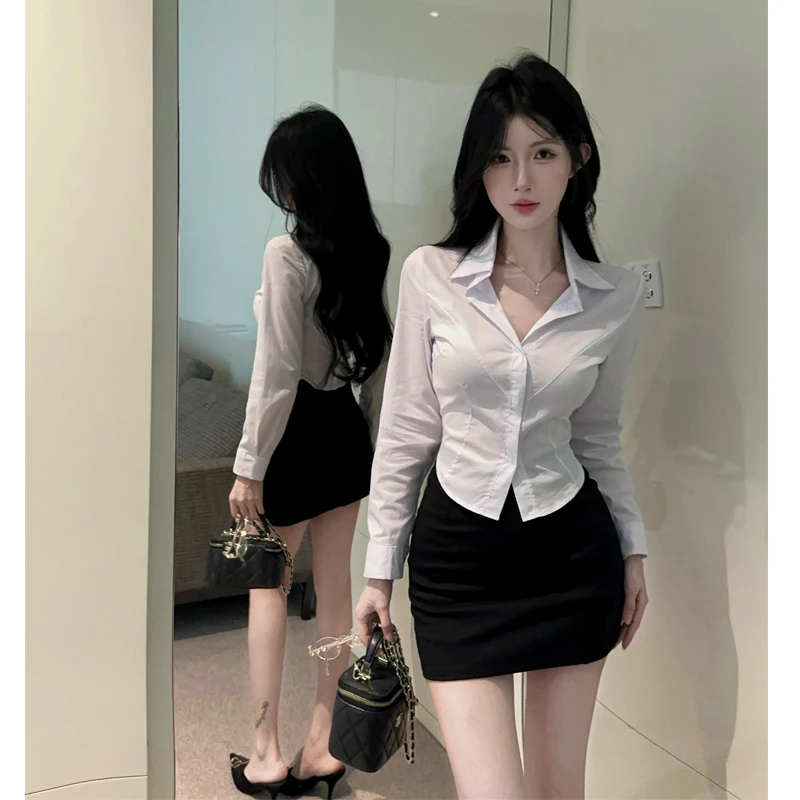 纯欲风性感辣妹修身长袖收腰白衬衫黑包臀裙职业套装jk制服两件套