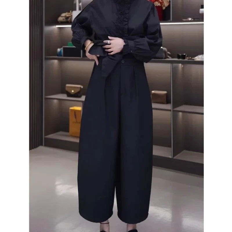 欧货气质奶奶西装裤女2025早秋高腰半松紧阔腿宽松八分休闲灯笼裤