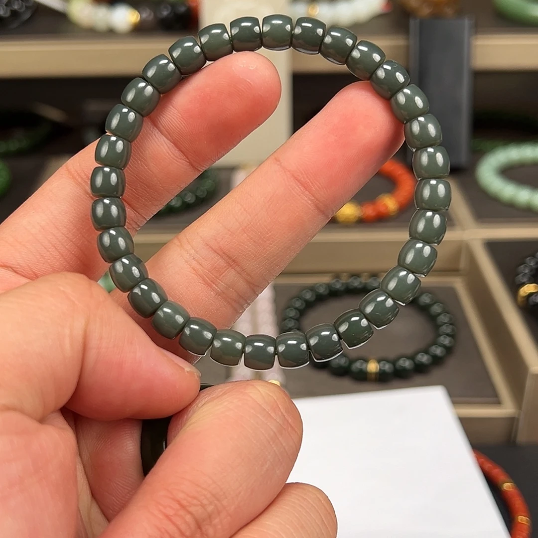 和田玉未镶嵌手链卡7mm沙枣青